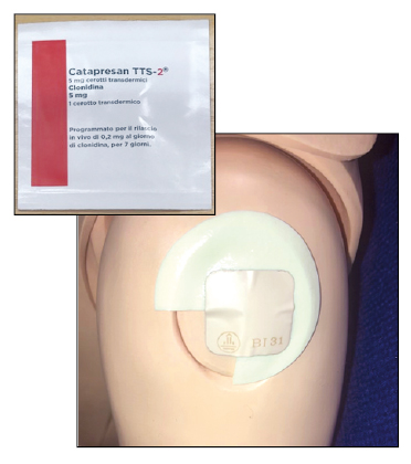 Photographs of the clonidine patch packet with red strip on the label and the patch with one quarter of the cover patch removed applied to the skin