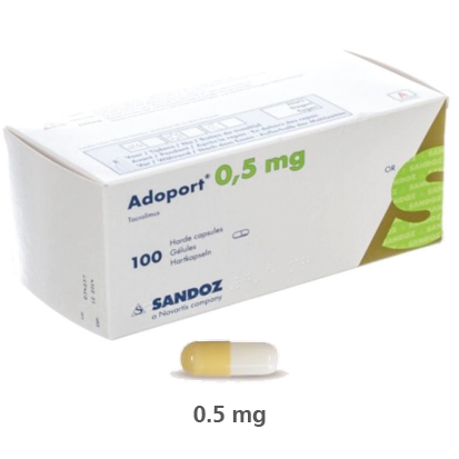 An Image showing the box and a capsule for 0.5 mg Adoport (Tacrolimus)