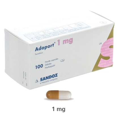 An Image showing the box and a capsule for 1 mg Adoport (Tacrolimus)