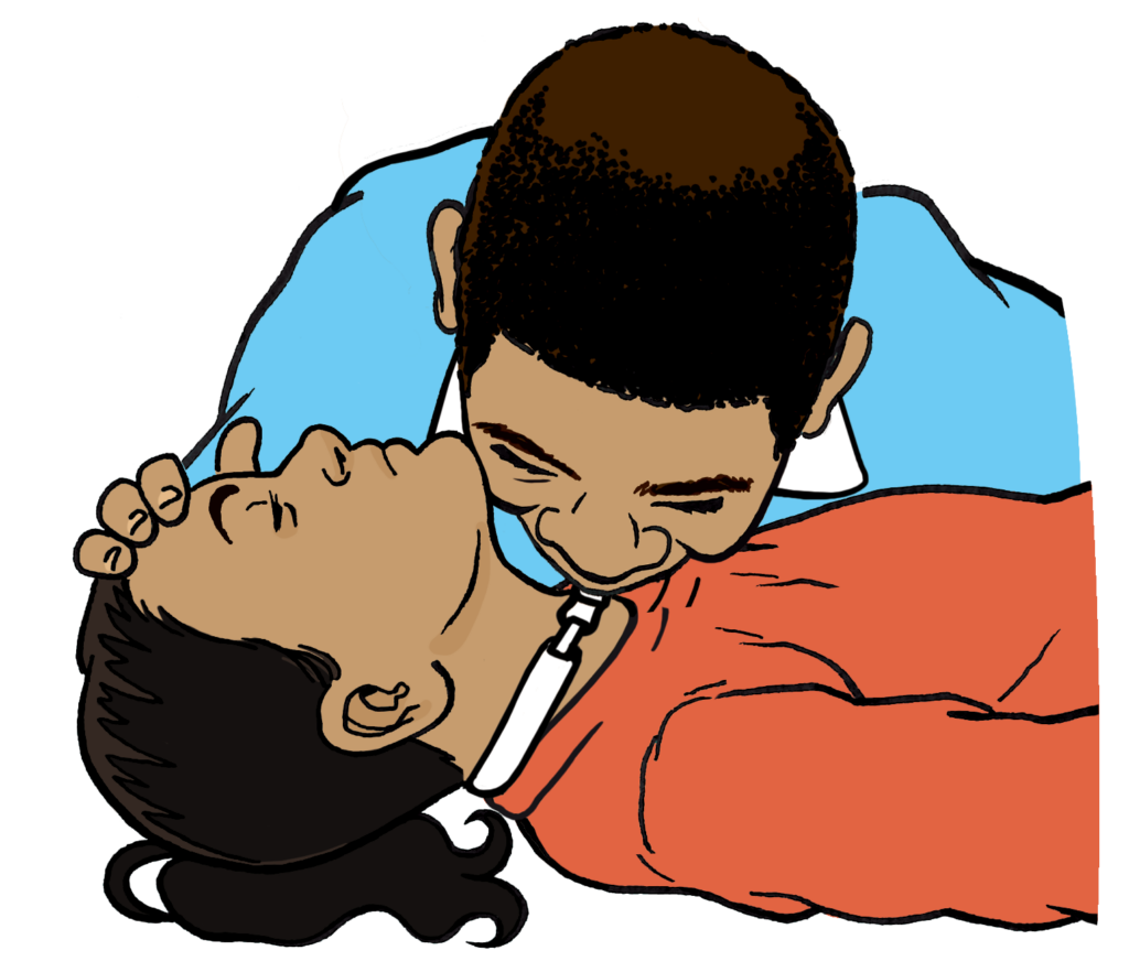 An adult giving 5 rescue breaths into the tube as the child is not breathing.