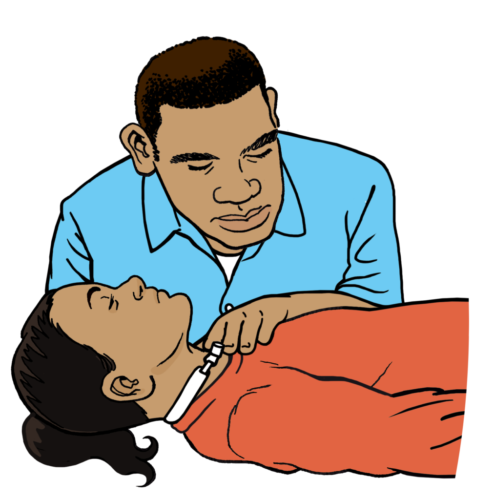 An adult looking, listening and feeling for breathing.