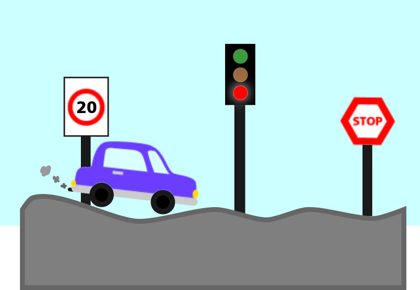 illustration of a car driving down a bumpy road with lots of traffic signs
