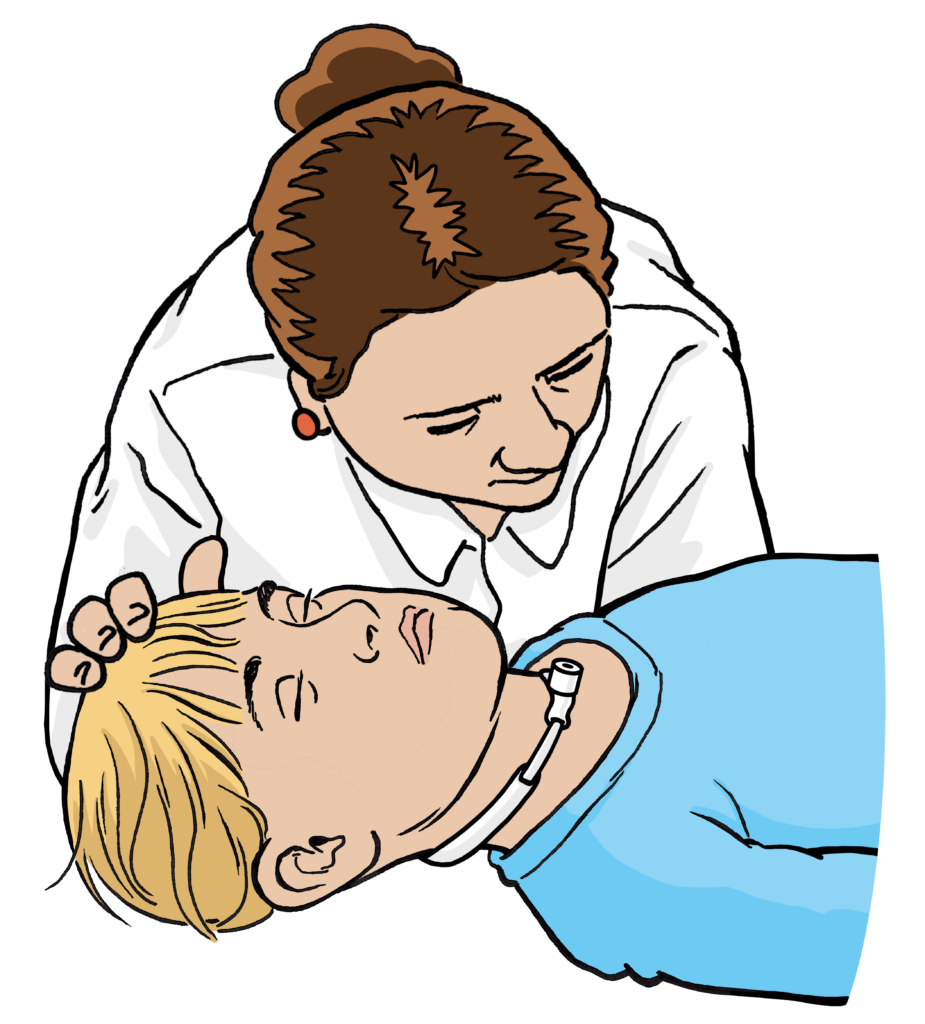 An adult looking, listening and feeling for breathing.