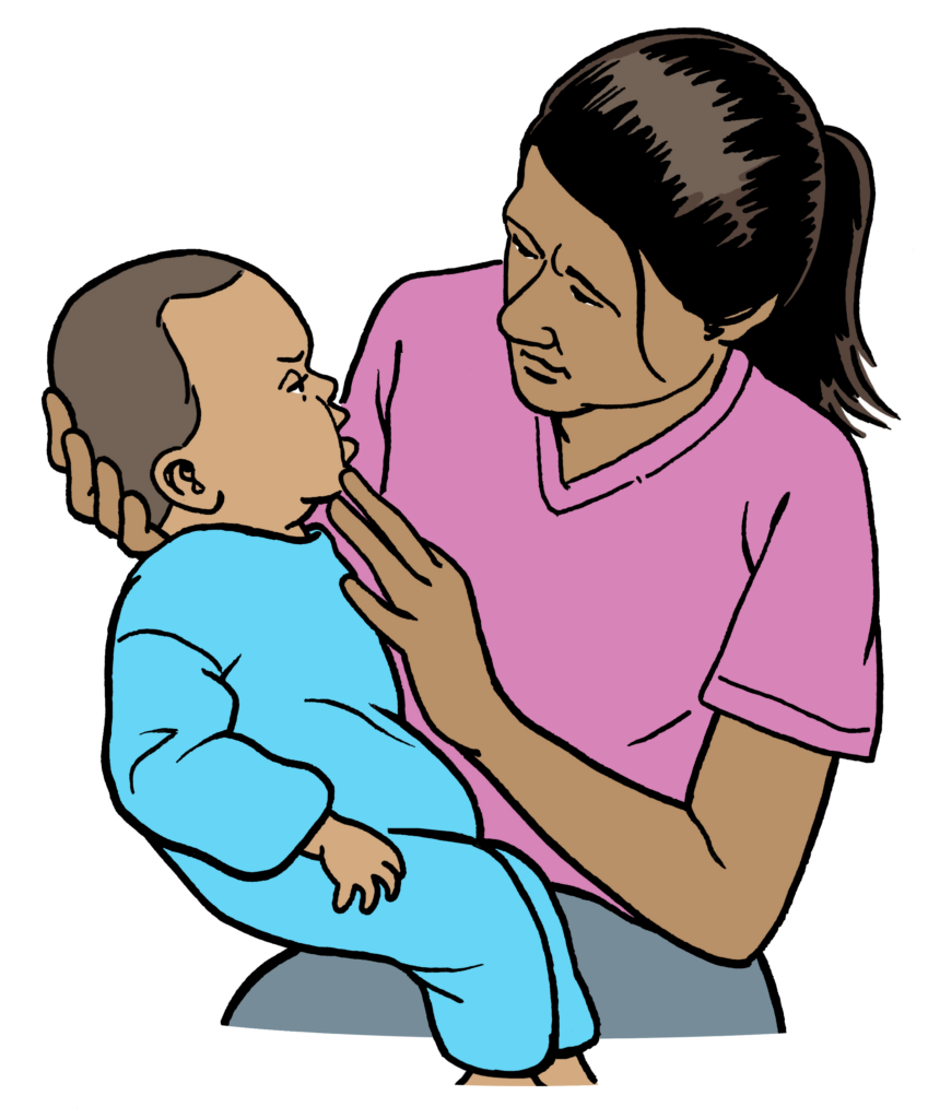 An adult making sure the area is safe and encouraging the baby to cough.