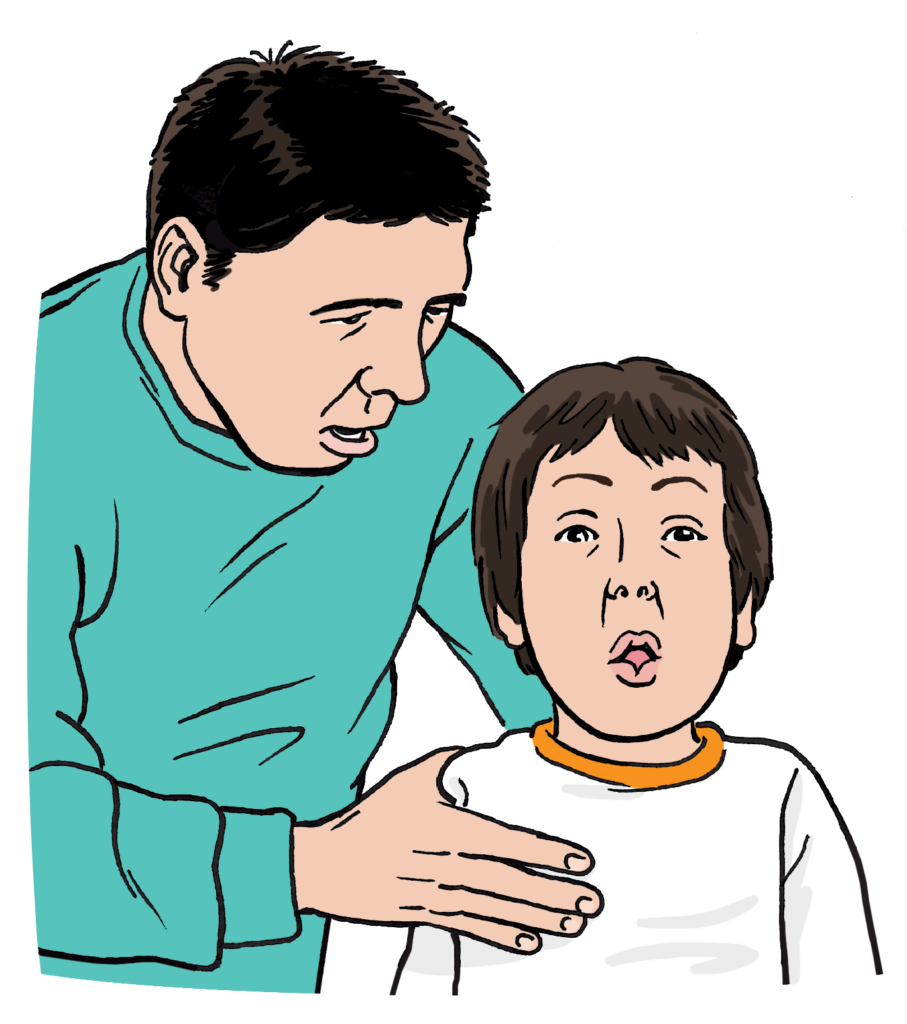 An adult making sure the area is safe and encouraging the child to cough.