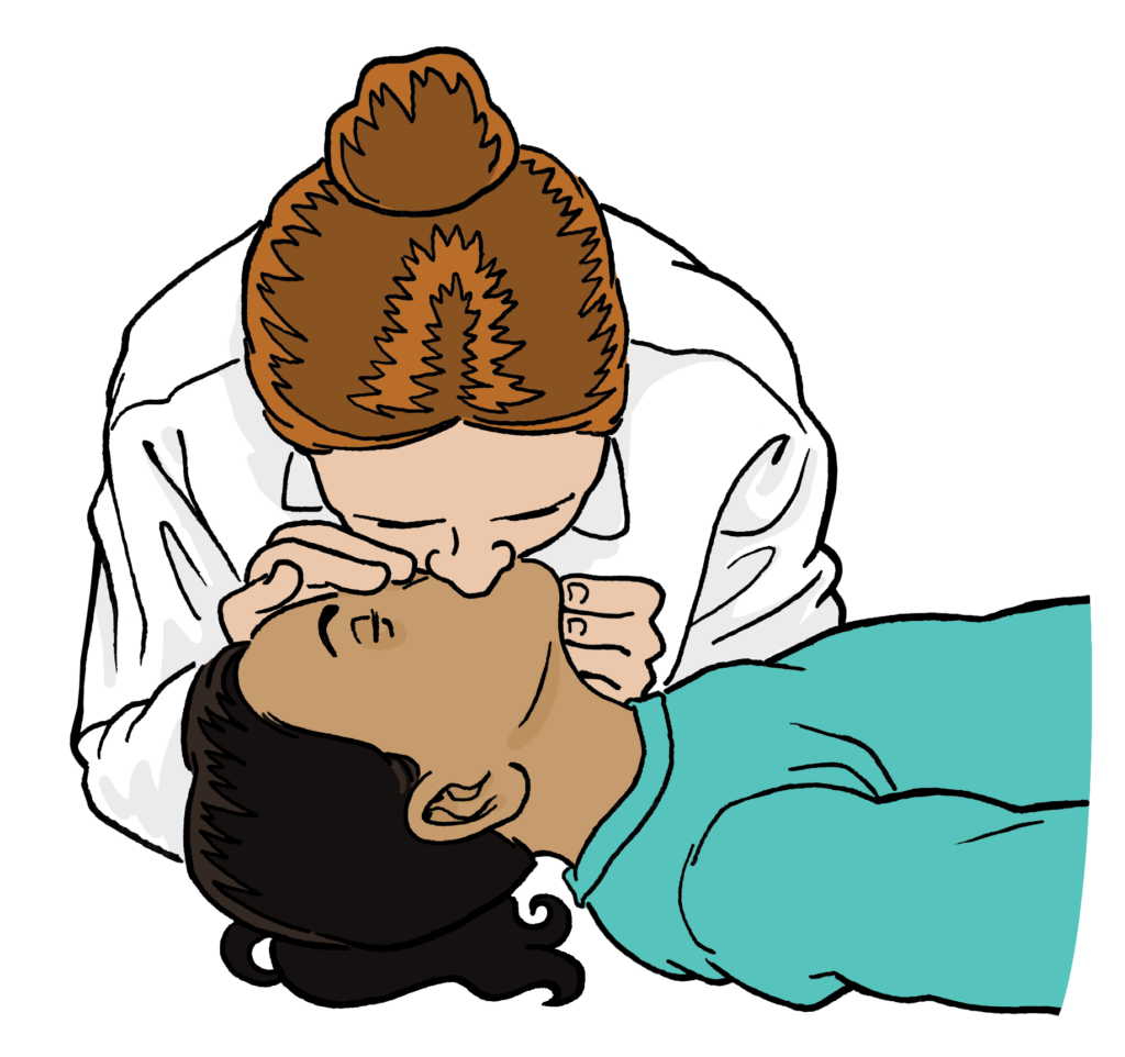 An adult giving 5 rescue breaths as the child is gasping or not breathing.