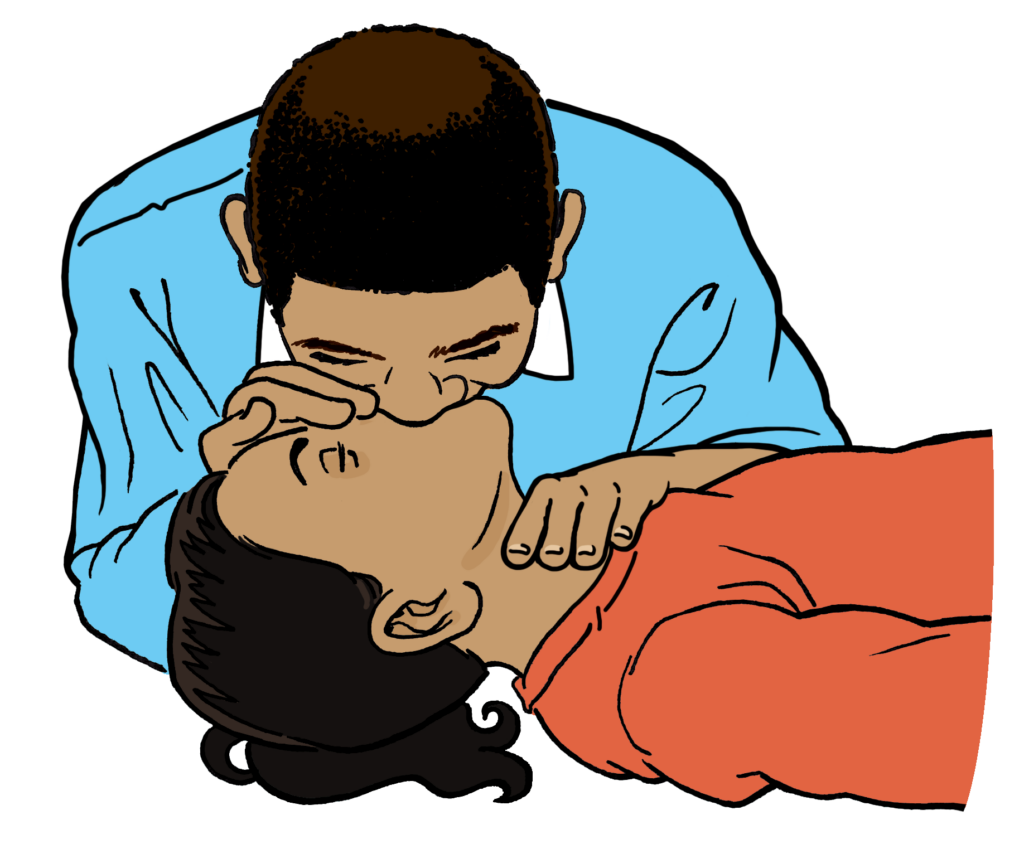 An adult providing breaths via mouth to mouth.