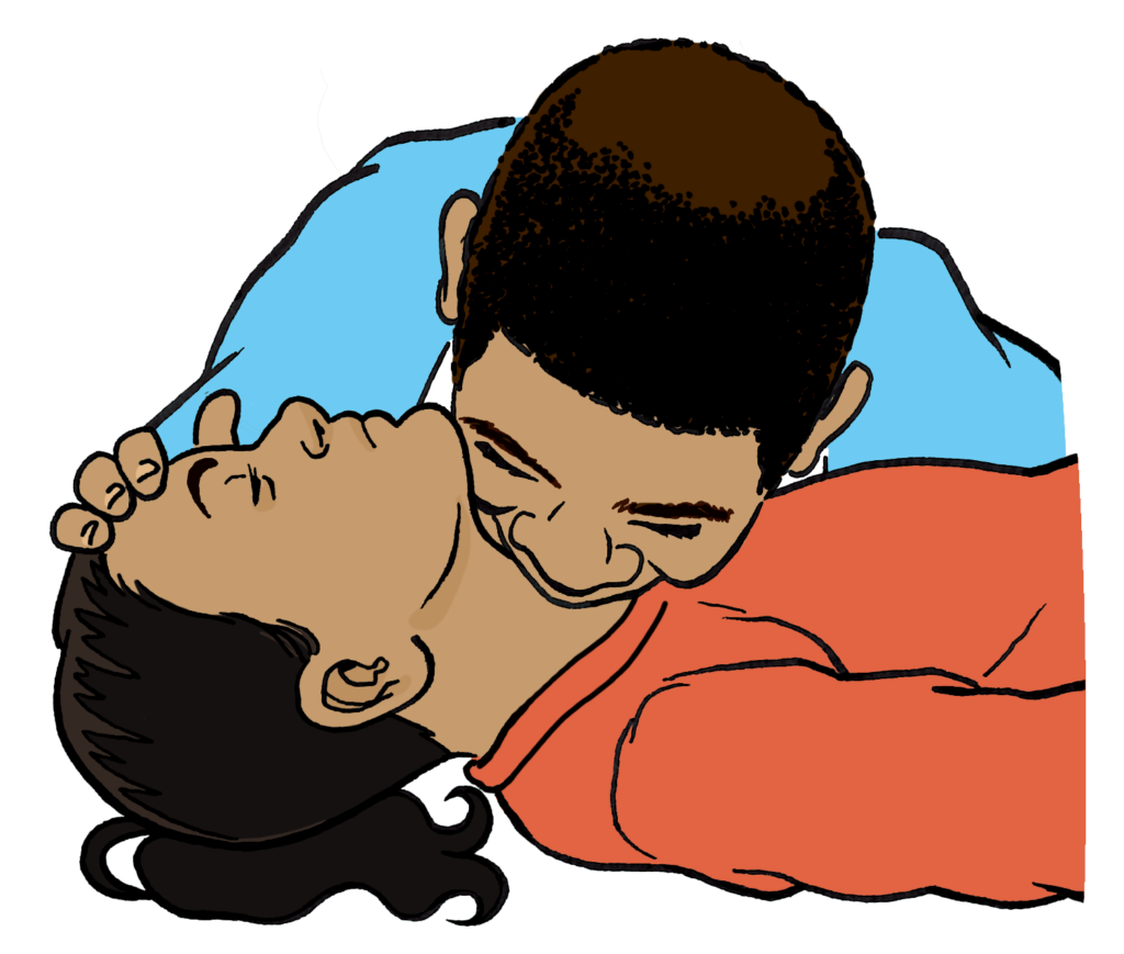 An adult providing breaths via the stoma.