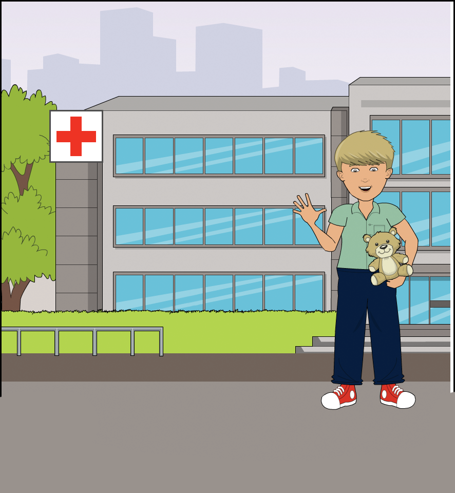 Illustration of a child stood outside a hospital with a teddy bear