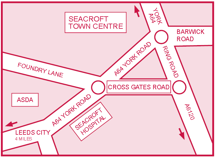 A simplified map showing Seacroft Hospital and the roads and landmarks around it.