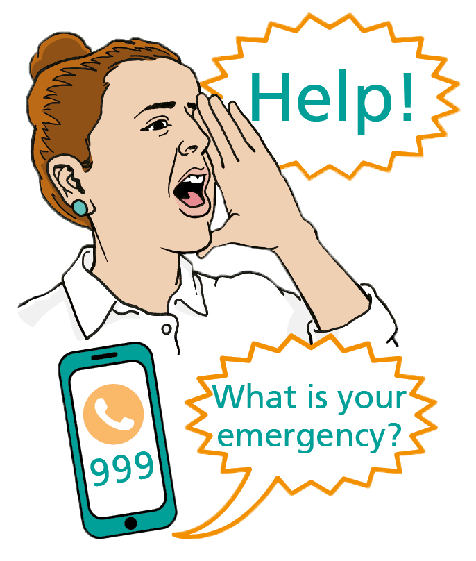 An adult shouting for help before ringing 999.