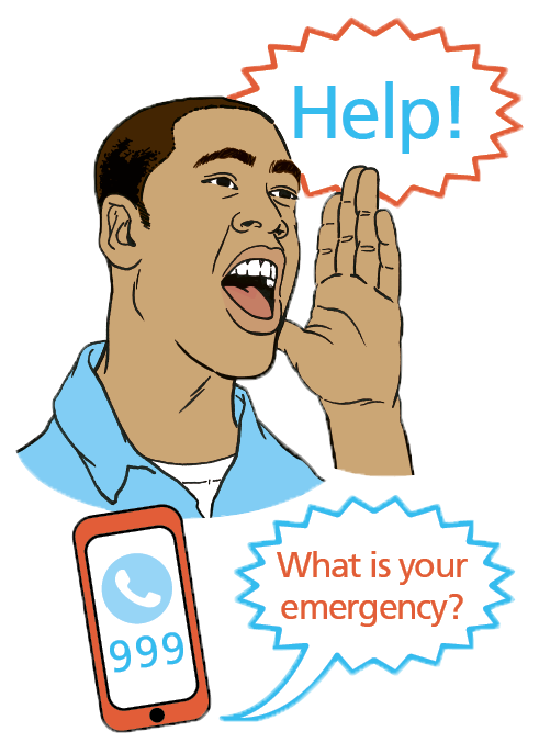 An adult shouting for help before ringing 999.