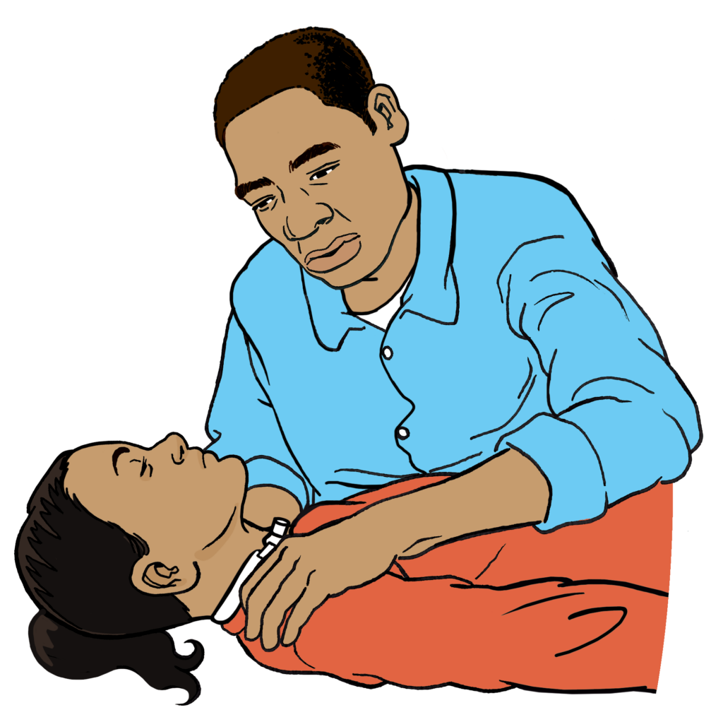 An adult making sure the area is safe before trying to wake the child.