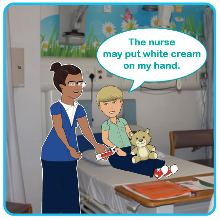 Illustration of a child in bed with a nurse holding cream. The nurse may put white cream on my hand