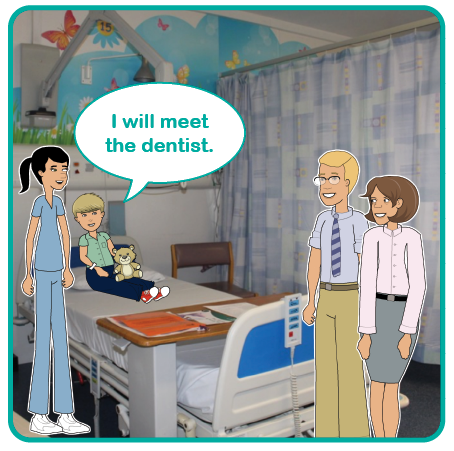 Illustration of a child in bed with a dentist and parents next to them. I will meet the dentist