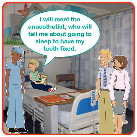 Illustration of a child in bed with a anaesthetist and parents talking to them. I will meet the anaesthetist, who will tell me about going to sleep to have my teeth fixed
