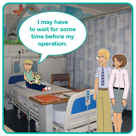 Illustration of a child in bed with parents next to them. I may have to wait for some time before my operation