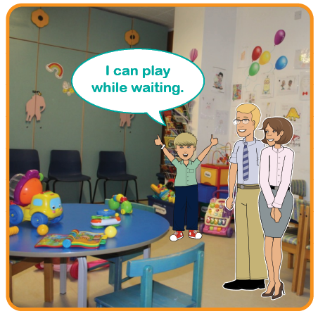 Illustration of a child in a play area with parents next to them. I can play while waiting