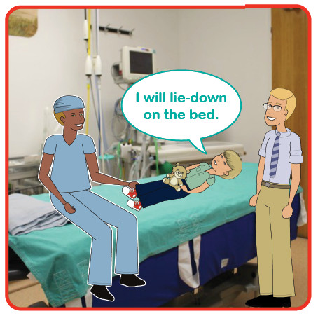 Illustration of a child lying on a theatre bed with the anaesthetist and parent with them. I will lie-down on the bed