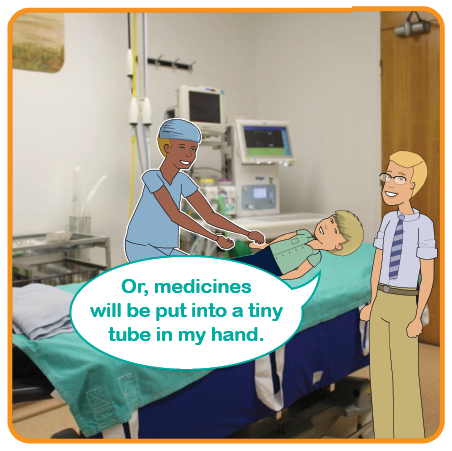 Illustration of a child lying on a theatre bed with the anaesthetist and parent with them. Or, medicines will be put into a tiny tube in my hand