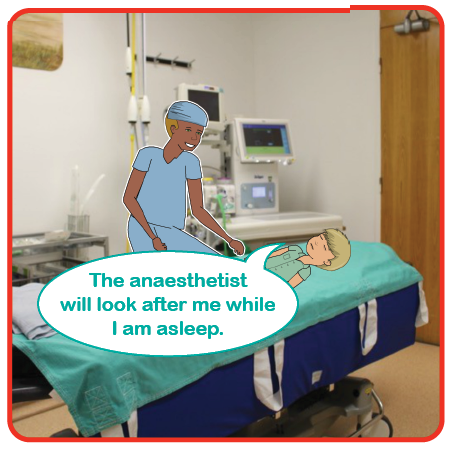 Illustration of a child lying on a theatre bed with the anaesthetist with them. The anaesthetist will look after me while I am asleep