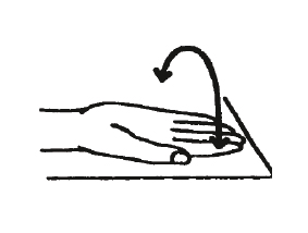 Illustration of a hand flat on a surface with arrow to show rotation of the hand front and back
