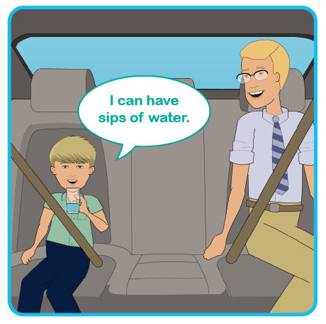 Illustration of a child sat in a car having a drink of water with a parent. I can have sips of water