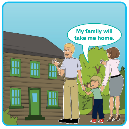 Illustration of a child with parents outside a house. My family will take me home