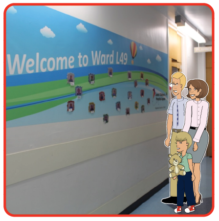 Illustration of a child with parents in hospital looking at a sign for ward L49