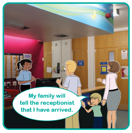 Illustration of a child with parents at a reception desk talking to a receptionist. My family will tell the receptionist that I have arrived