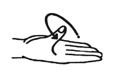 illustration of a hand palm up and thumb raised with an arrow to show rotation.
