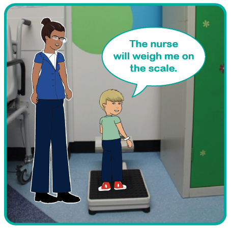 Illustration of a child on weighing scales with a nurse. The nurse will weigh me on the scale