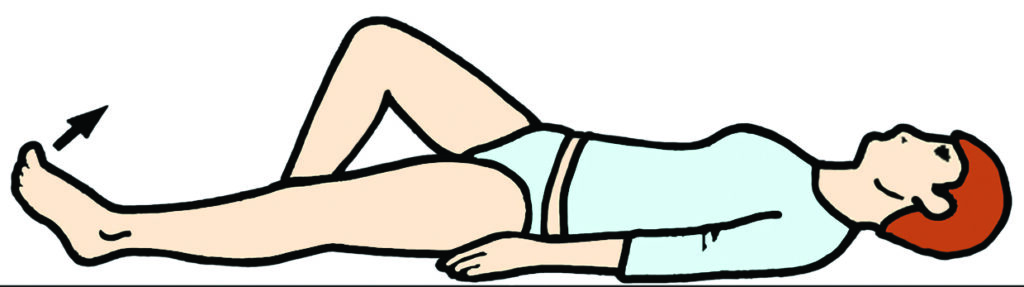 Illustration showing the sit with the leg straight out on the bed exercise.
Pull your foot up and tighten the front of your thigh. Press the back of the knee down into the bed, hold for five seconds then relax. Repeat 10 times until the muscle feels tired.