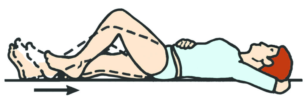 Illustration showing the rest your leg on a sliding board / shiny tray exercise.
Rest your leg on a sliding board/shiny tray. Bend your knee upwards as far as you are able. Hold for five seconds then slowly lower. Each time, gradually aim to bend a little further. Repeat 10 times. You may also bend your knee when sitting in a chair or on the edge of a bed. Repeat 10 times.