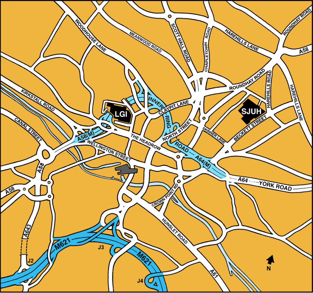 An image of a map of Leeds showing the locations of the Leeds General Infirmary and St James&rsquo;s University Hospital.