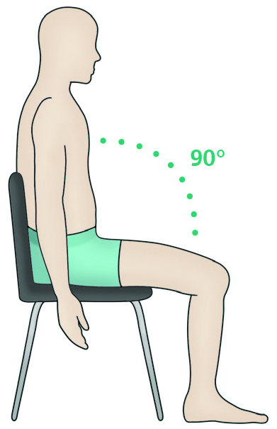 Image showing a person sat correctly. To check whether furniture is a suitable height for you, when sitting, your knees should always be lower than your hips. Your knees should never be higher than your hips for six weeks post op.