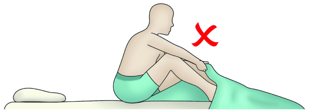 An image of a person in a bed that is the wrong height and does not comply with hip precautions.