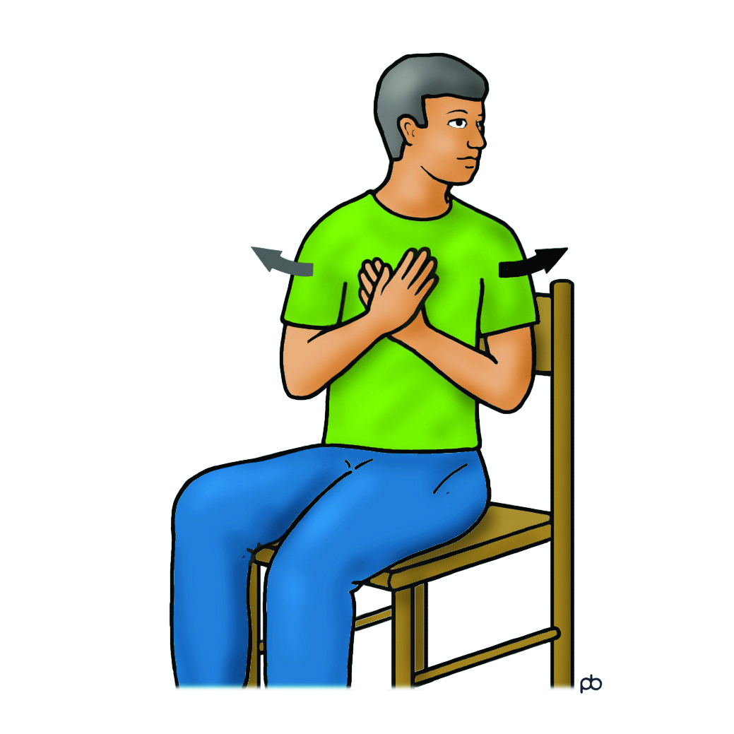 Illustration of a person sat with their hands on the chest turning to the side