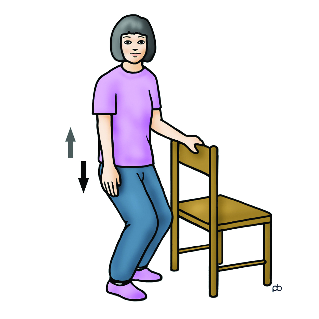 Illustration of a person squatting holding a chair for support