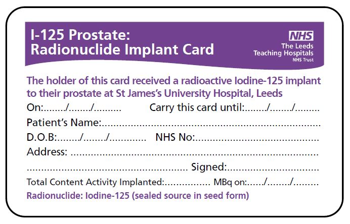 An image showing what the prostate implant card looks like.
