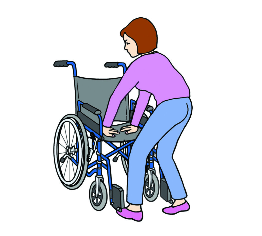 Illustration of a person placing their hands on the seat of a wheel chair