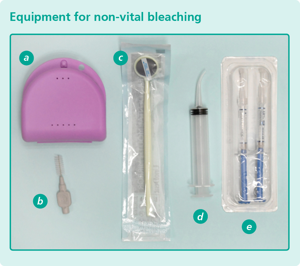 A photograph of 5 pieces of equipment used for non-vital bleaching. a: Bleaching tray storage case, b: Small brush, c: Mirror to help see the back of the tooth, d: Syringe, e: Bleaching gel