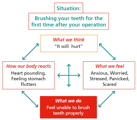 This image shows you are thinking "It will hurt if I brush my teeth"
Your heart begins to pound, you feel stomach flutters.
You can't brush you teeth properly because of your worries.
You start to feel more anxious, worried, stressed, panicked and scared.
Another vicious circle starts up and your heart pounds and your stomach flutters more.
