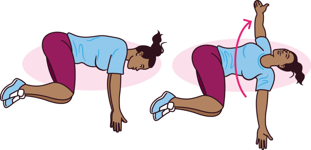 Illustration 1 of Open Book exercise - a person lying on the side, with both arms out straight in front of them with hands together, the person's knees are together, with the legs pulled up and bent at the knees.
Illustration 2 of Open Book exercise - the person has kept their legs in the same position but brought their top arm up and over in a circular movement, bending at the waist with their back turning towards the floor.