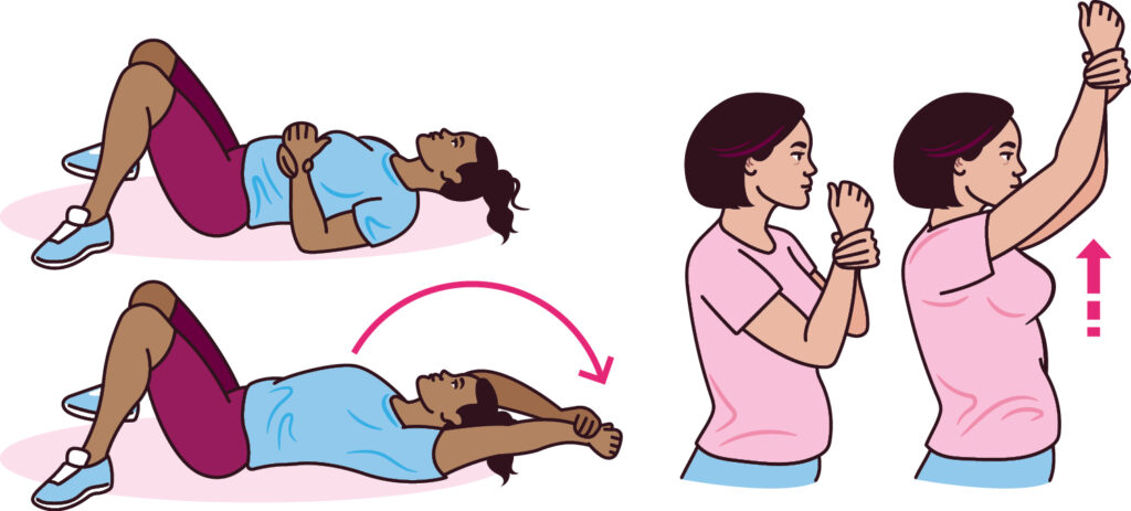 Illustration of active / assisted flexion exercise in a lying down position. A person is lying down on their back with their knees drawn up feet flat on the ground. Their hands are on their stomach, they are holding one wrist with the other hand, the elbows are resting on the floor. In the second part of the illustration there is a circular arrow indicating the arms have been raised up and over the person's head towards the floor.
Illustration of active / assisted flexion exercise in a standing position. A person is stood up, they are holding their wrist with their other hand just in front of their chin. In the second part of the picture the hands have been raised vertically above the head with an arrow to indicate the movement.