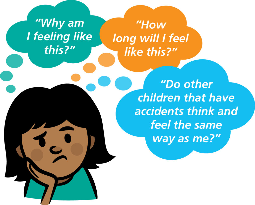 Illustration of a young girl thinking 3 things: "Why am I feeling like this?", "How long will I feel like this?", and "Do other children that have accidents think and feel the same way as me?" 