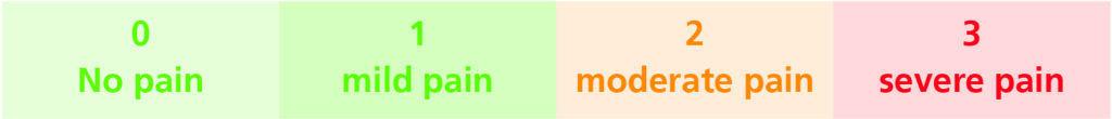 Image of a pain guide.
0 = no pain
1 = mild pain
2 = moderate pain
3 = severe pain