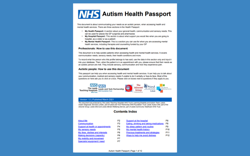NHS Autism Health Passport PDF image.