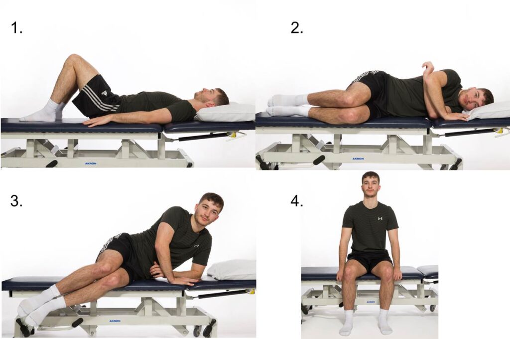 1. Photograph of a person lying on their back flat with their knees brought up. 2. Photograph of a person lying on their side with their knees bend forward and arms crossed. 3. Photograph of a person lying on their side using their elbow for support to lift up. 4. Photograph of a person sat on a bed upright with their legs over the side of the bed.