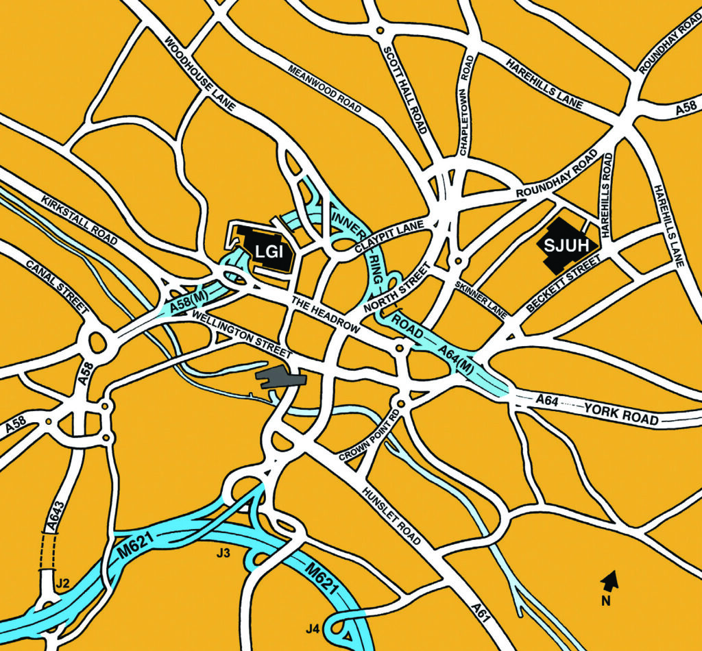 An image of a map of Leeds showing the locations of the Leeds General Infirmary and St James&rsquo;s University Hospital.